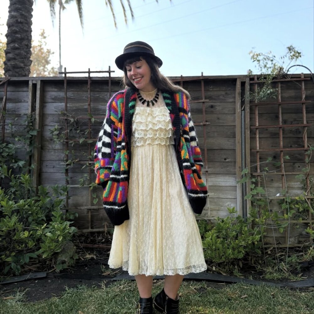 Vintage 90s Bright Print Wool Blend Chunky Oversized Cardigan Sweater Geometric - Picture 10 of 10